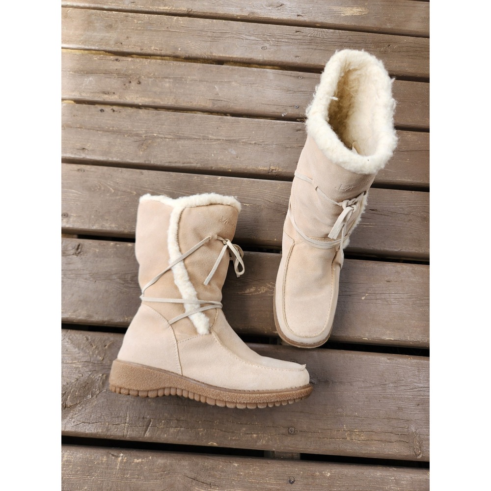 Vintage 90s y2k Henri-Pierre Winter Boots Tan Suede Lambswool Lined Lace Up 8